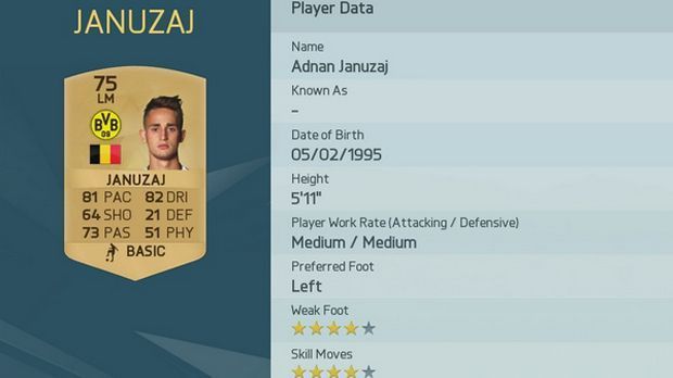 
                <strong>Adnan Januzaj - Gesamt-Stärke: 75.</strong><br>
                Adnan Januzaj - Gesamt-Stärke: 75. Der Belgier gehört zu den besten Talenten Europas. Das wird durch seine Gesamt-Stärke nicht deutlich. ran.de-Wertung: 78 (+3 Punkte).
              
