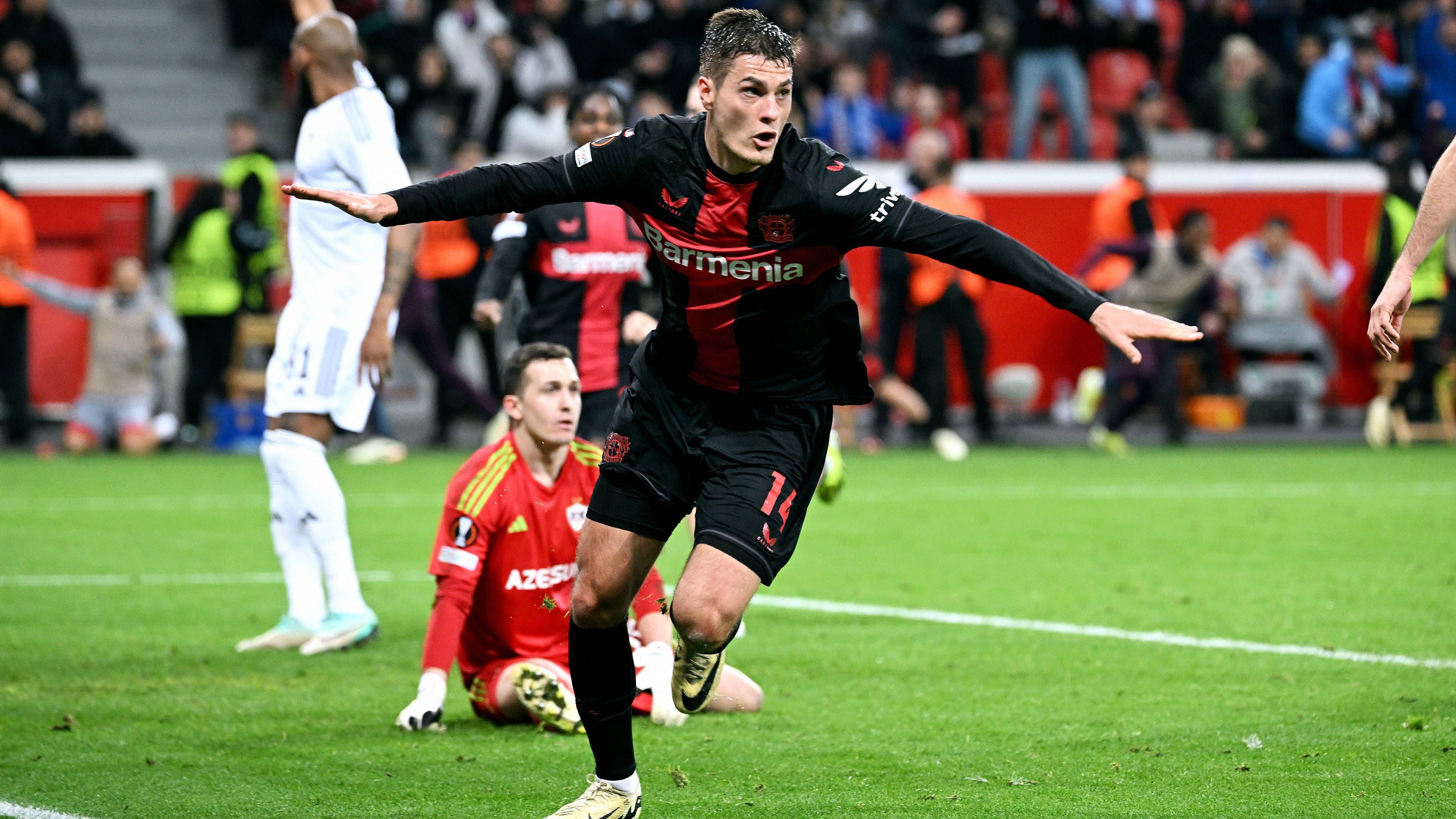 <strong>Bayer 04 Leverkusen - Qarabag FK (3:2)</strong><br>- Torschütze: Patrik Schick (90.+3 &amp; 90.+7)<br>- Wettbewerb: Europa League, Achtelfinale Rückspiel (14.03.2024)<br>- Weitergekommen durch die beiden Tore