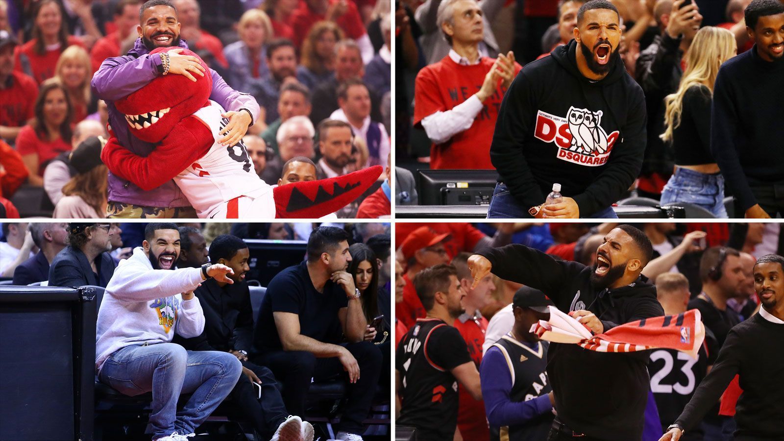 
                <strong>Drake-Verhalten ruft sogar NBA auf den Plan</strong><br>
                Rapper Drake ist der Edelfan der Raptors. Das bekommen auch die Gegner schon einmal zu spüren, mit denen der in Toronto geborene Superstar auf Tuchfühlung geht. Seinen Emotionen lässt er schon während der Spiele in der Scotiabank Arena freien Lauf. Einem Ligasprecher zufolge war das Verhalten von Drake bereits Thema in Gesprächen mit den Raptors - die Bitte: Der Musiker solle sich während der Finals zügeln. Ob's funktioniert?
              