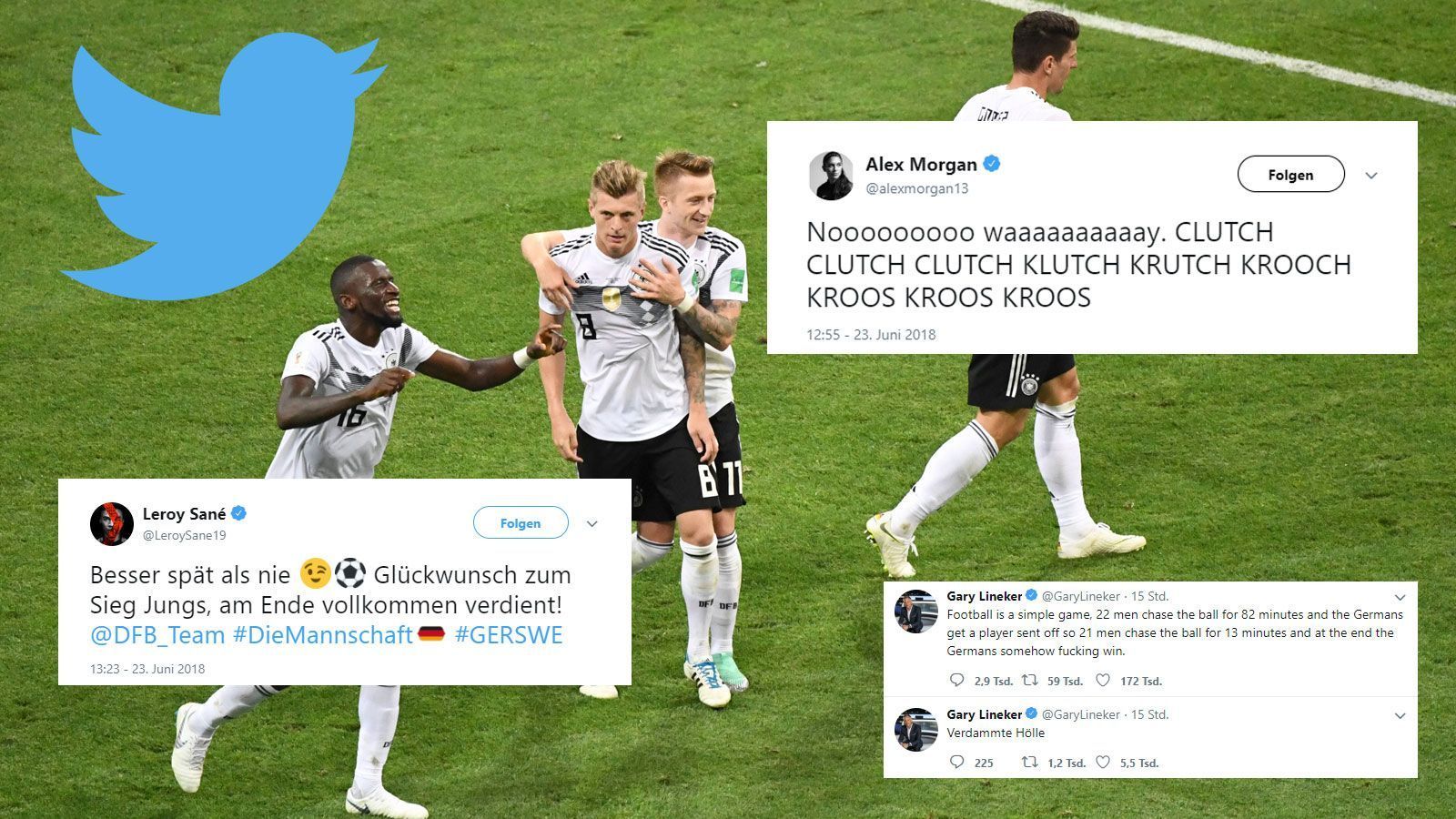 
                <strong>Das-twittern-die-Stars-zum-Deutschland-Sieg</strong><br>
                Das Traumtor von Toni Kroos gegen Schweden ging um die Welt. Auf Twitter teilten einige Stars ihre Freude, oder ihre Enttäuschung über den späten Sieg von Deutschland mit. ran.de zeigt euch die besten Reaktionen der Stars. 
              