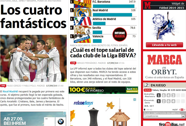 
                <strong>Marca</strong><br>
                Die "Marca" schwärmt von Reals Offensiv-Spektakel um Cristiano Ronaldo, Gareth Bale, Karim Benzema und James Rodriguez - die vier Torschützen werden in Anlehnung an die Comic-Helden als "Fantastic Four"gefeiert.
              