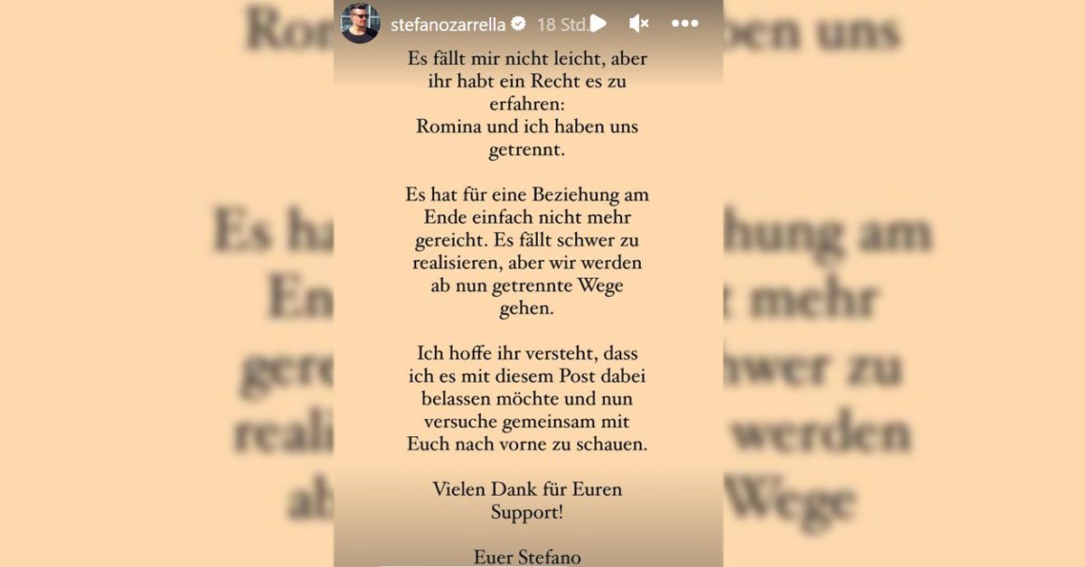 Stefano Zarrella gibt auf Instagram die Trennung von Romina bekannt.