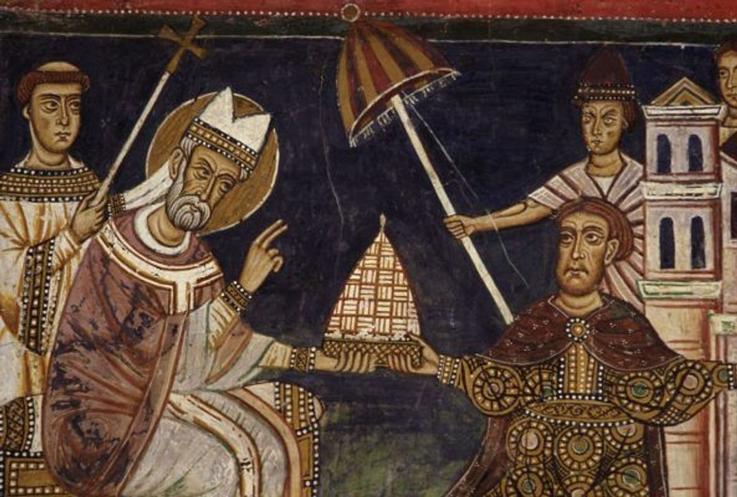 Die "Konstantinische Schenkung": Kaiser Konstantin (r.) übergibt Papst Silvester I. die kaiserlichen Herrschaftszeichen (Fresko von 1246)