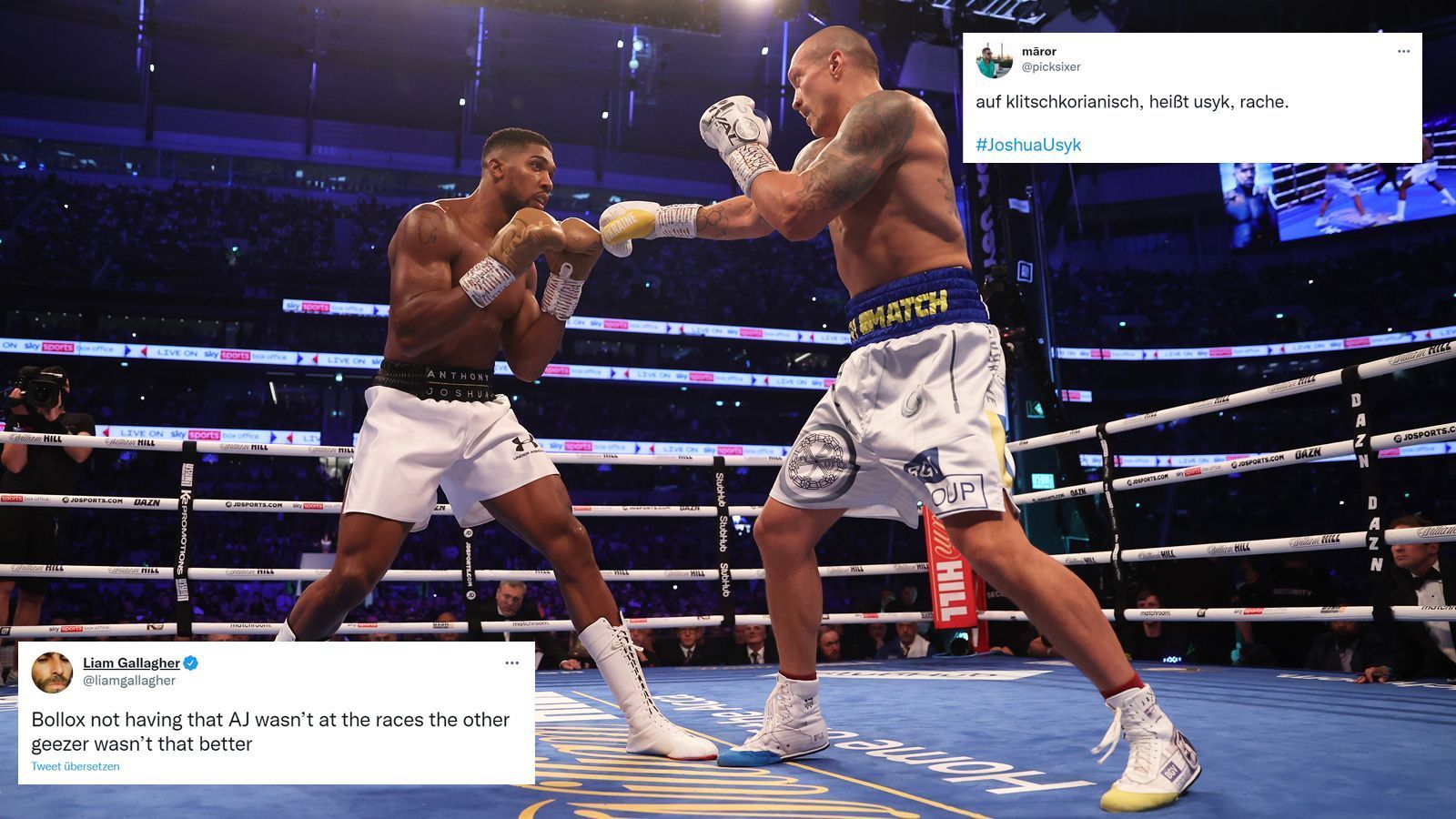 
                <strong>Die Netzreaktionen zu Anthony Joshua gegen Alexander Usyk</strong><br>
                Alexander Usyk entthront Anthony Joshua und steht als neuer Weltmeister auf dem Gipfel des Schwergewicht-Boxens. ran zeigt die besten Netzreaktionen zum Kampf aus London.
              