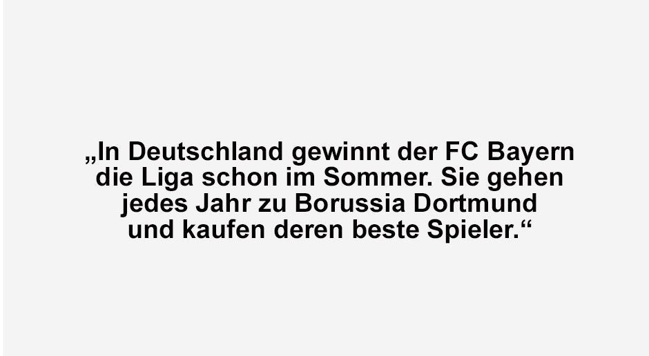 
                <strong>Jose Mourinho</strong><br>
                Jose Mourinho glaubt den Grund zu kennen, warum in der Bundesliga immer wieder der FC Bayern München ganz oben an der Tabellenspitze steht. Zum englischen "Telegraph" hat er sich deshalb spöttisch über die Transferpolitik des deutschen Rekordmeisters geäußert. In England wäre dieses Verhalten laut dem Portugiesen nicht möglich: "Die Situation, dass man in diesem Land durch Schwächen des direkten Konkurrenten Meister wird, ist vorüber." 
              