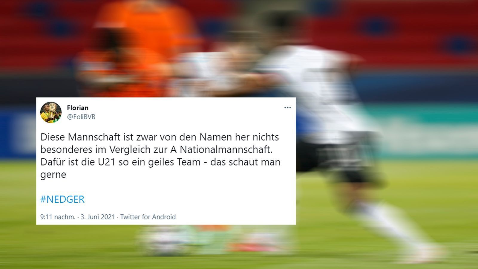 
                <strong>Twitter meint: U21 ist ein geiles Team</strong><br>
                Dem können wir uns nur anschließen. Die U21 macht bei dieser EM-Endrunde so richtig Spaß und kämpft nun gegen Portugal um den Titel. Bislang gewann die deutsche U21 zwei Mal die Europameisterschaft, 2009 und 2017. 
              