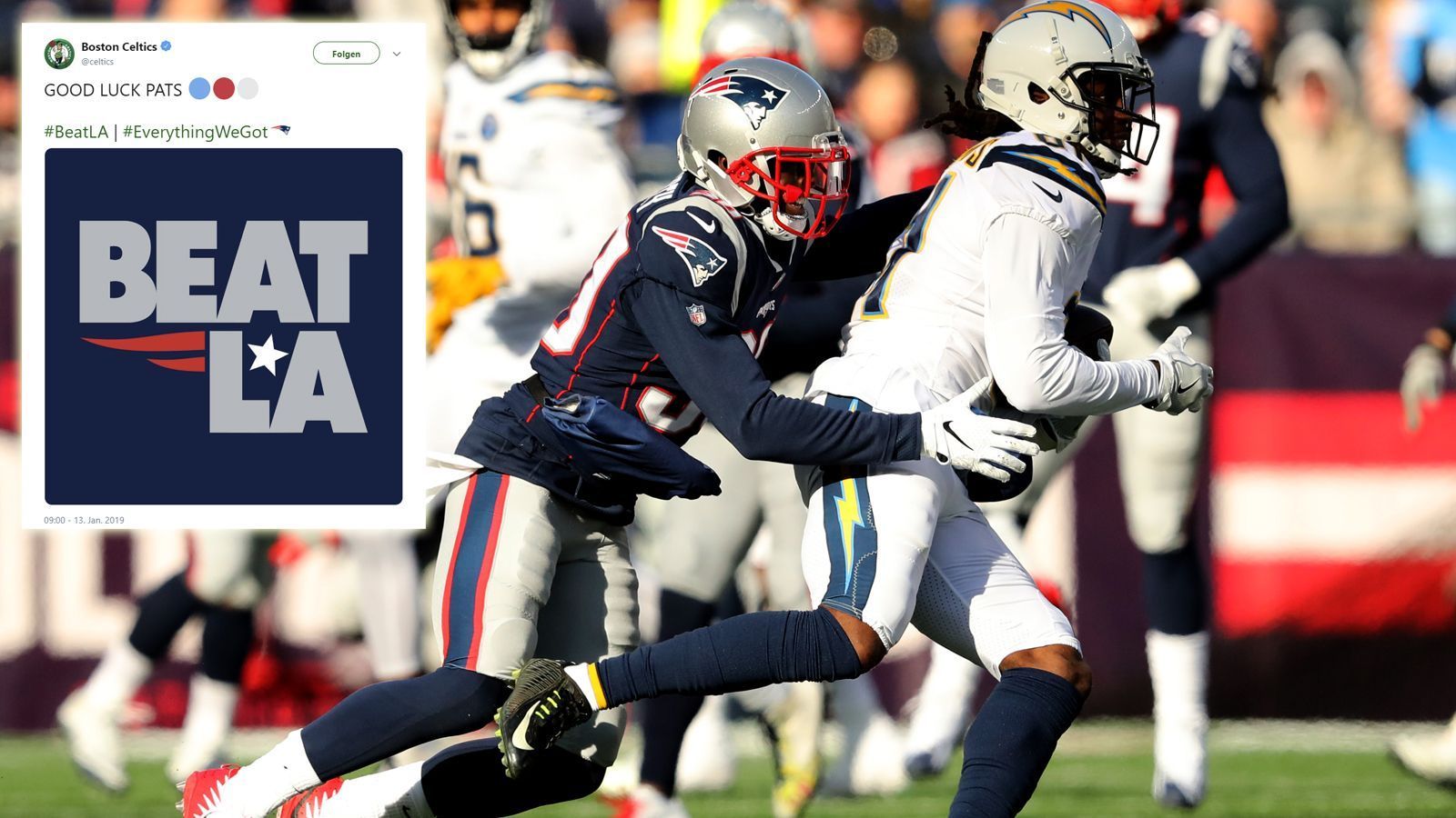 
                <strong>"Beat L.A." gilt auch in der NFL</strong><br>
                In der NFL konnte die Rivalität lange nicht gelebt werden, denn in Los Angeles gab es von 1994 bis 2016 kein NFL-Team. Erst als die Rams 2016 von St. Louis und die Chargers 2017 aus San Diego in die "Stadt der Engel" zogen, gab es wieder Football in L.A.. In den Playoffs trafen sich die New England Patriots und die Los Angeles Chargers. Die Pats wurden dabei von den Celtics, die die Rivalität einst begonnen hatten, unterstützt und bezwangen die Chargers mit 41:28. Der Hashtag #BeatLA, den Patriots-Receiver Julian Edelman vor der Partie gegen die Chargers verwendete, machte sich somit auch in der NFL breit. Im Super Bowl wird der Hashtag aus Sicht der "Bostonians" gegen die Rams wohl wieder verwendet. 
              