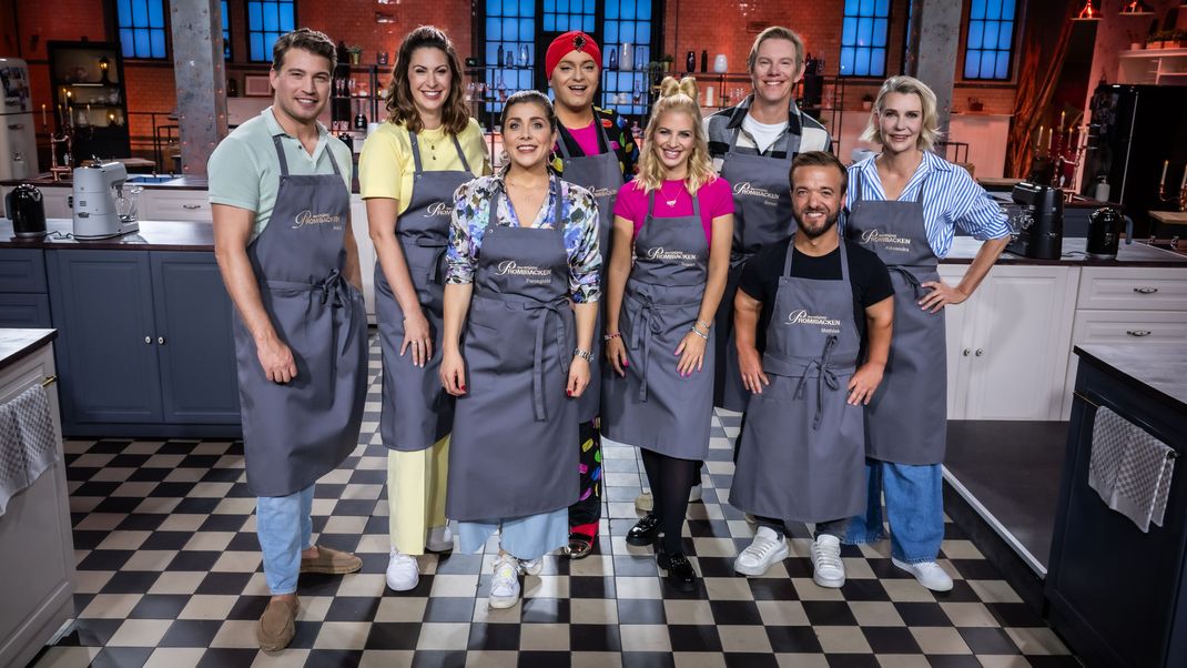 Promi-Gruppenbild aus "Das große Backen" 2024 mit Raúl Richter, Madita van Hülsen, Panagiota Petridou, Julian F.M. Stoeckel, Susan Sideropoulos, Simon Gosejohann, Mathias Mester und Alexandra Rietz (v.l.).