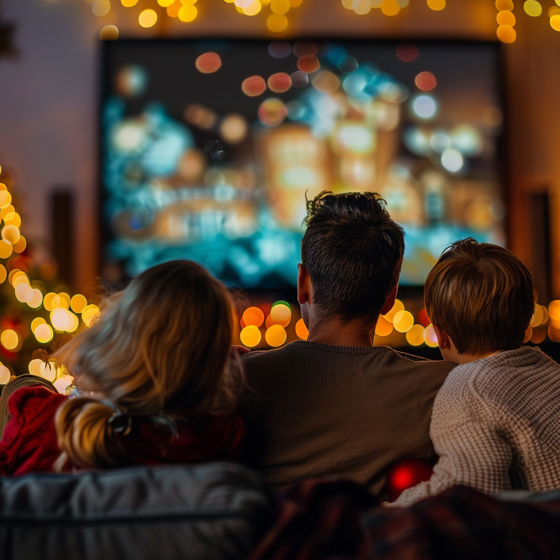 family watching festive christmas movie together 