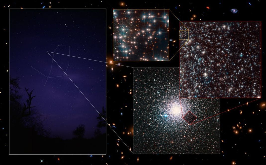 Das Universum ist so riesig, dass in jedem noch höher aufgelösten Himmelsausschnitt immer wieder Unmengen an Sternen und Galaxien auftauchen. Auf diese Weise fand der Astronom Luigi Bedin 2018 auf einer Hubble-Aufnahme eine der bis dato ältesten Zwerggalaxien am Rande eines Sternhaufens im Sternbild Pfau.
