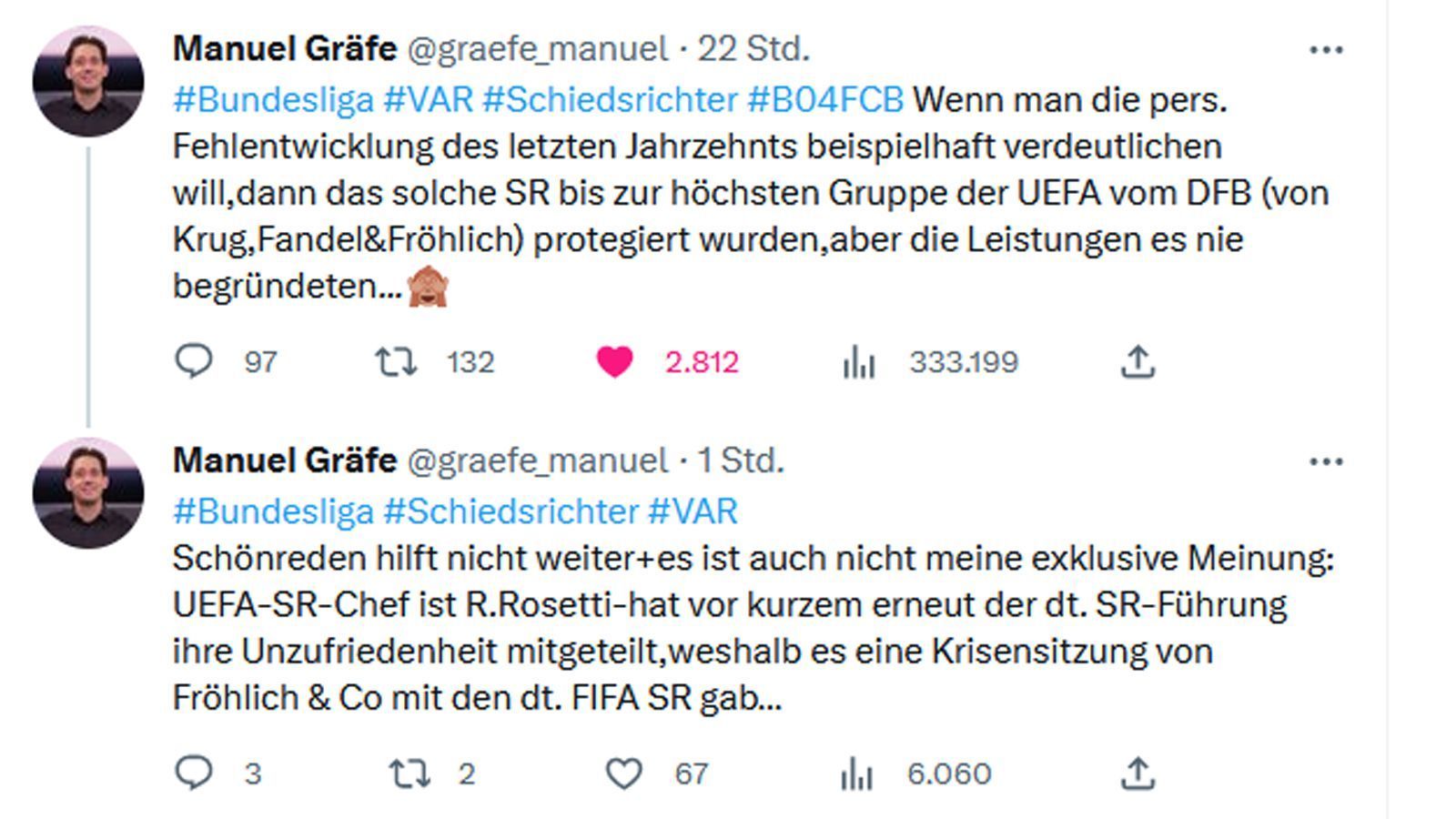 
                <strong>Harte Worte gegen Tobias Stieler</strong><br>
                Auch Tobias Stieler, der im Spiel zwischen Bayer Leverkusen und dem FC Bayern München gleich zweimal vom VAR bei Elfmeterentscheidungen korrigiert wurde, bekam von Gräfe bereits sein Fett weg. Die Fehlentwicklungen der letzten Jahren würden sich daran zeigen, dass "solche Schiedsrichter" bis in die höchste Gruppe von DFB und UEFA protegiert würden, schrieb Gräfe und meinte Stieler. Und auch die aus seiner Sicht dafür Verantwortlichen nannte Gräfe namentlich: die ehemaligen Schiedsrichter-Bosse Hellmut Krug und Herbert Fandel und der aktuelle Schiri-Chef Lutz Michael Fröhlich.
              