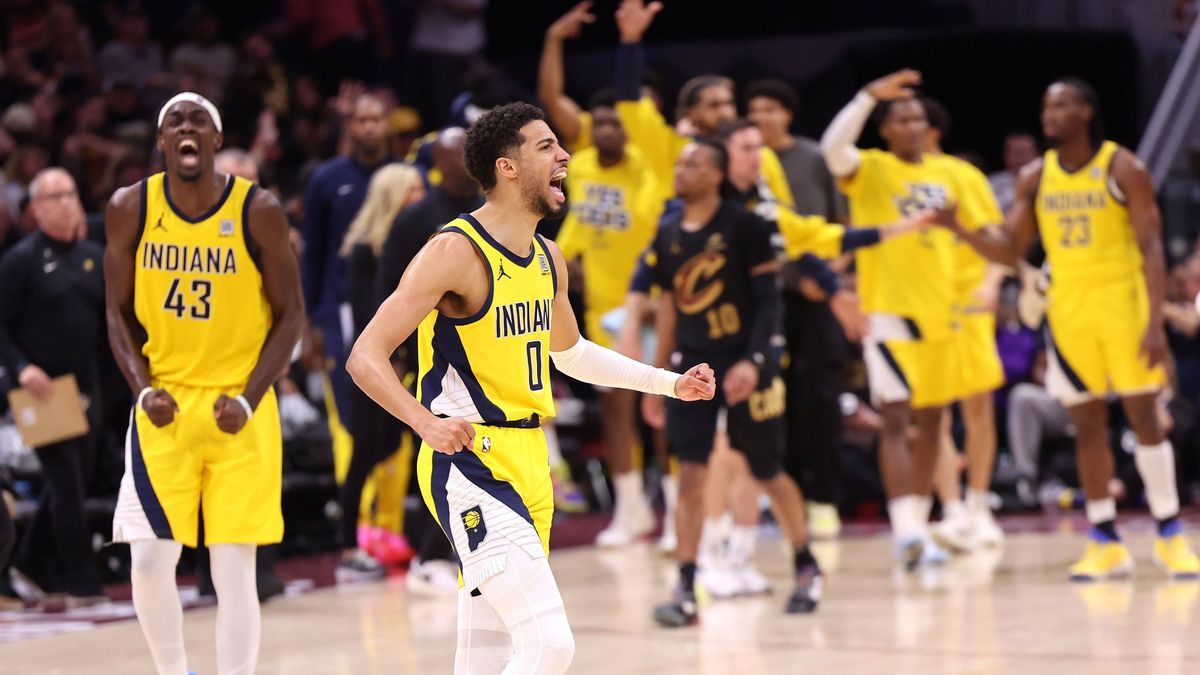 Indiana Pacers point guard Tyrese Haliburton (0) reacts after a Pacers three point shot against the Cleveland Cavaliers during the third quarter of game 5 of the Eastern Conference semifinals in Cl...