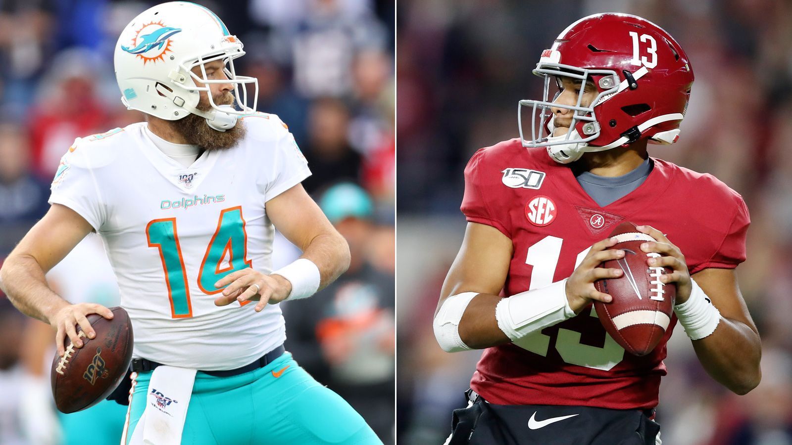 
                <strong>Tua Tagovailoa vs. Ryan Fitzpatrick (Miami Dolphins)</strong><br>
                Die Zukunft der Miami Dolphins gehört Tua Tagovailoa (r.), doch was geschieht in der Gegenwart? Denn vor allem in der Corona-Krise kann niemand so genau sagen, wie fit der Nummer-5-Pick der Dolphins wirklich ist. Und selbst wenn, sollte Miami sein Juwel gleich ins kalte Wasser werfen? Ryan Fitzpatrick spielte vor allem zum Abschluss der vergangenen Saison überraschend gut und führte Miami sogar zu fünf Siegen. Das Training Camp der Dolphins wird besonders spannend zu beobachten sein.
              