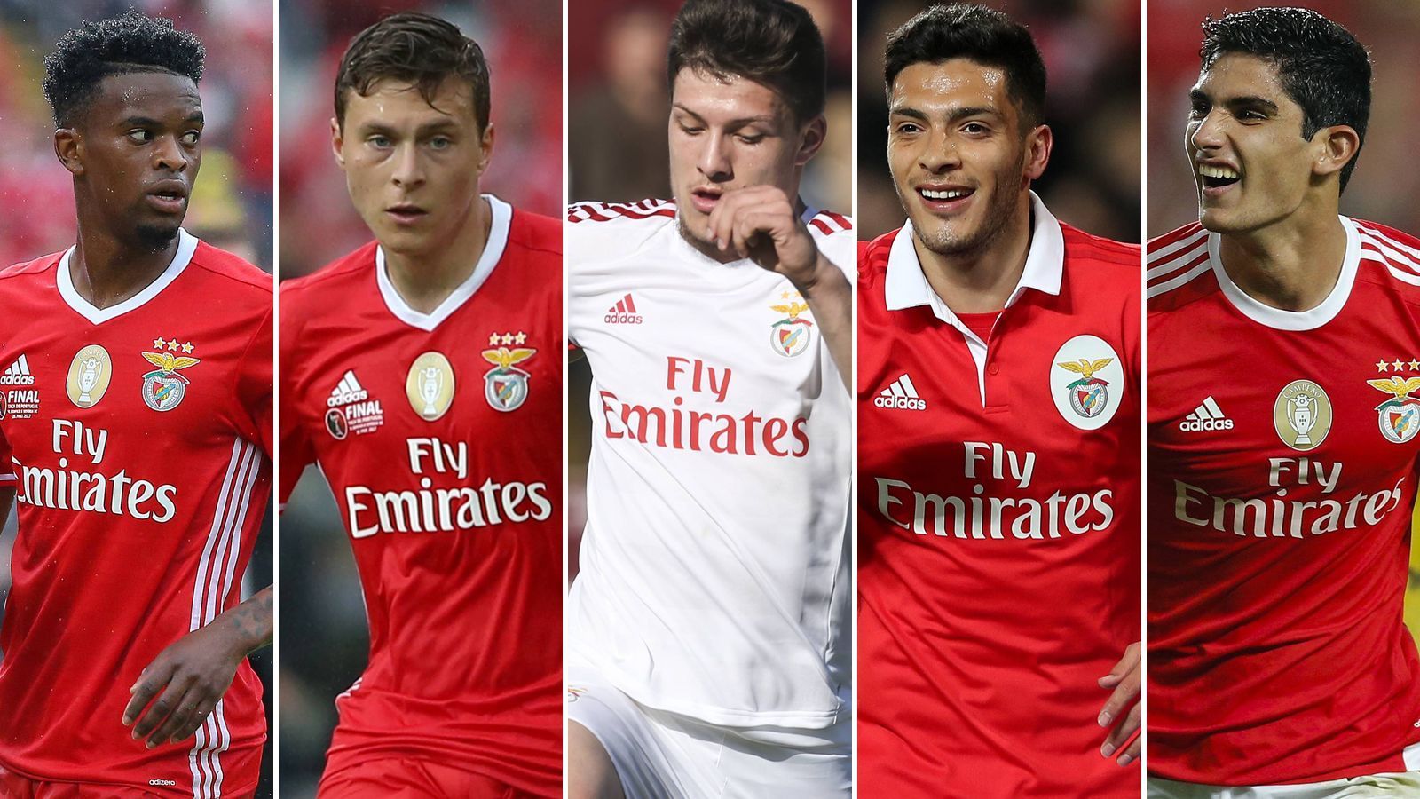 
                <strong>Nelson Semedo, Victor Lindelöf, Luka Jovic, Raul Jimenez und Goncalo Guedes (v. l. n. r.)</strong><br>
                &#x2022; <strong>Addierte Ablöse</strong>: 160,41 Millionen Euro<br>&#x2022; <strong>Aufnehmende Vereine</strong>: FC Barcelona, Manchester United, Eintracht Frankfurt, Wolverhampton Wanderers und Paris St. Germain (v. l. n. r.)<br>Auch diese Ex-Spieler Benfica Lissabons haben ordentlich Geld in die Kassen gespült und sind bei Top-Klubs in ganz Europa unter Vertrag.
              