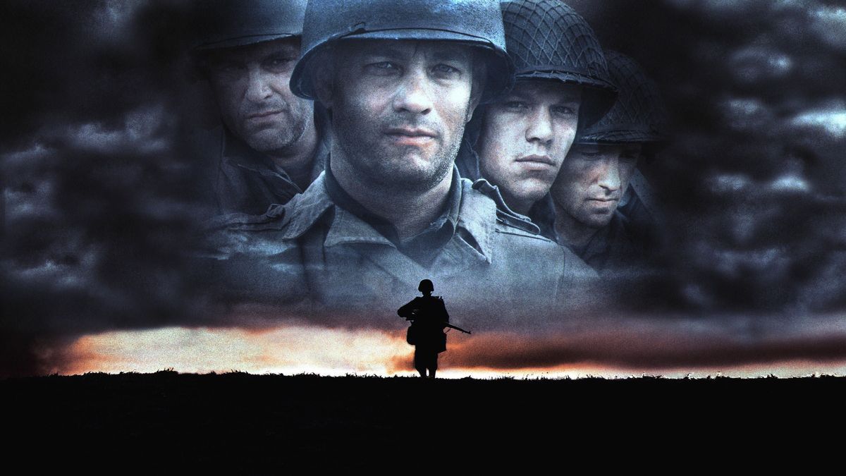 Tom Sizemore, Tom Hanks, Matt Damon und Edward Burns auf einem Filmposter von "Der Soldat James Ryan" (1998).