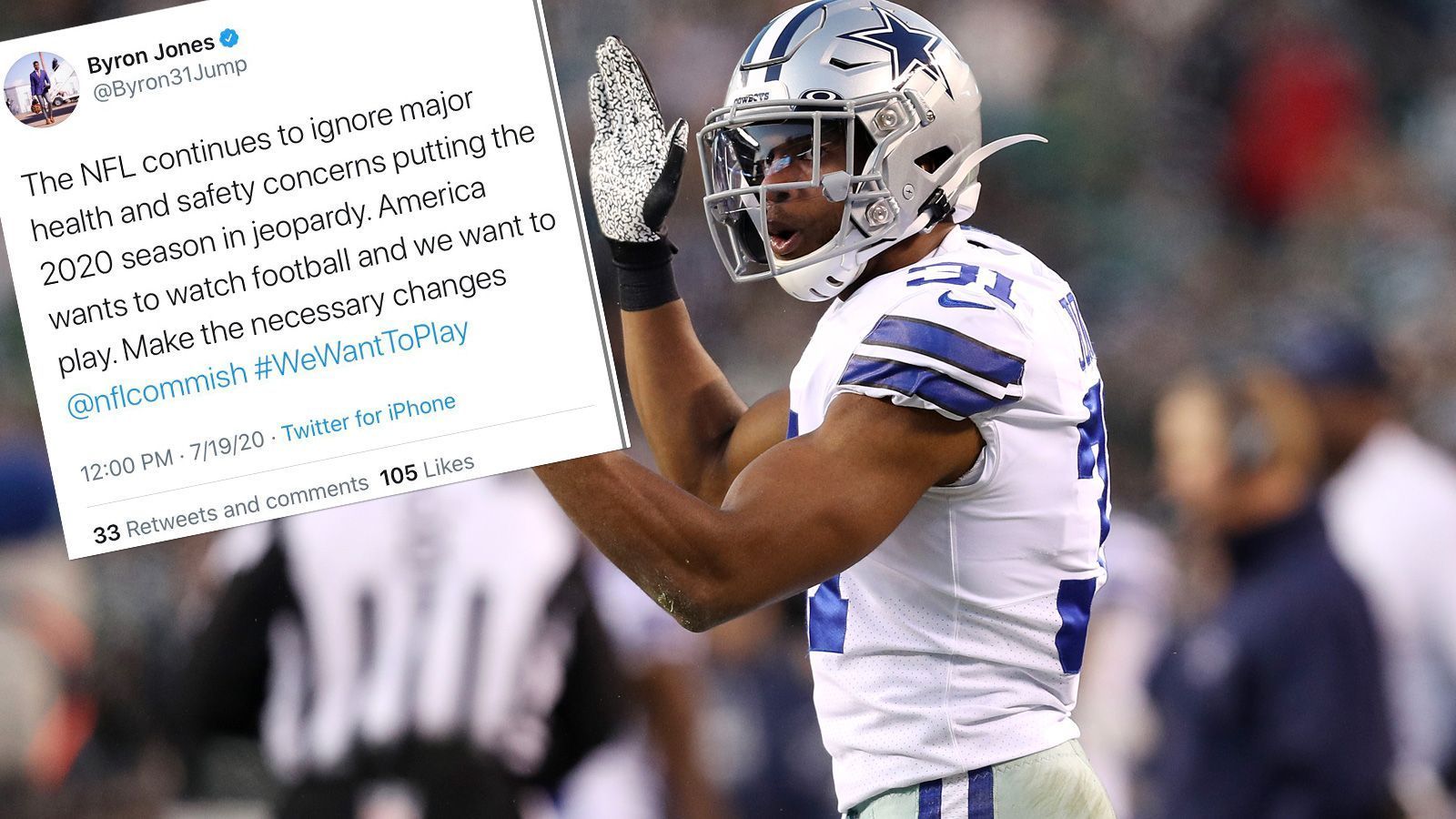 
                <strong>Byron Jones (Miami Dolphins)</strong><br>
                "Die NFL ignoriert weiterhin schwerwiegende Gesundheits- und Sicherheitsbedenken und riskiert damit die Saison 2020. Amerika will Football schauen und wir wollen spielen. Nimm die entsprechenden Änderungen vor, Commissioner."
              