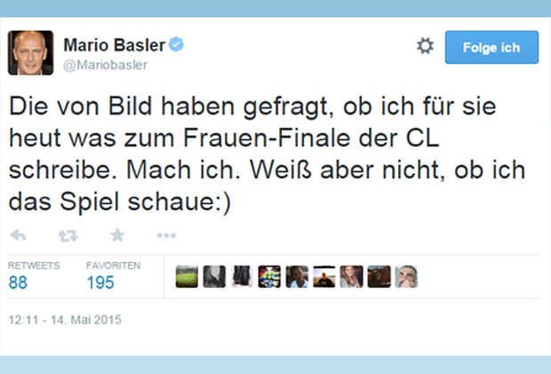 
                <strong>Basler twittert über das Champions-League-Finale der Frauen</strong><br>
                Mario Basler ist bekannt dafür, dass er gerne Klartext redet. Beim Champions-League-Finale der Frauen gab es einen Spruch nach dem anderen zum Thema Frauenfußball. Ob er wirklich selber getwittert hat, oder das ganze eine PR-Maßnahme sein sollte, ist nicht bekannt.
              