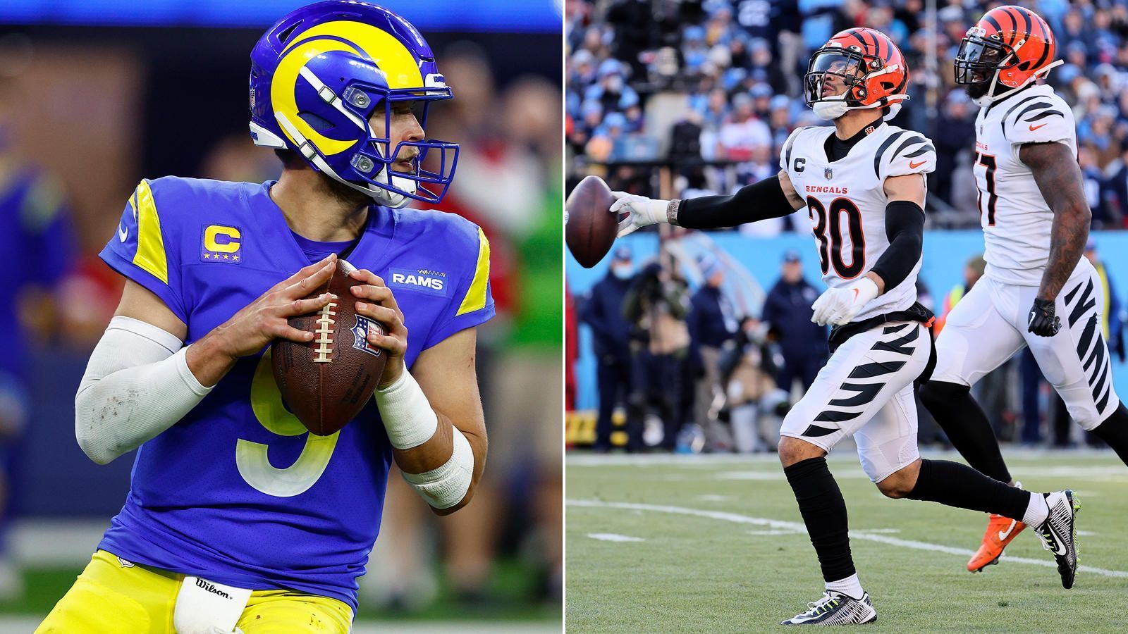 
                <strong>Matthew Stafford vs. Jessie Bates</strong><br>
                Dabei muss der Rams-Quarterback jedoch immer ein Auge auf Jessie Bates haben. Davon kann ihm auch Patrick Mahomes ein Lied singen, denn Bates war bei der Overtime-Interception des Chiefs-Quarterbacks hauptverantwortlich dafür, dass Vonn Bell Cincinnatis Sieg vorbereiten konnte. Der Zweitrunden-Pick aus 2018 feierte 2020 seinen Durchbruch und ist auch in den Playoffs einer der besten Bengals-Verteidiger. Der Free Safety brilliert mit Stellungsspiel und Reichweite - in drei Playoff-Spielen ließ er insgesamt lediglich 20 Yards in seiner Deckung zu. Stafford hatte bereits gegen die San Francisco 49ers "Interception-Glück" - gegen Bates sollte er nicht darauf bauen, dass auch der Bengals-Star ein Geschenk von Stafford liegen lässt.
              