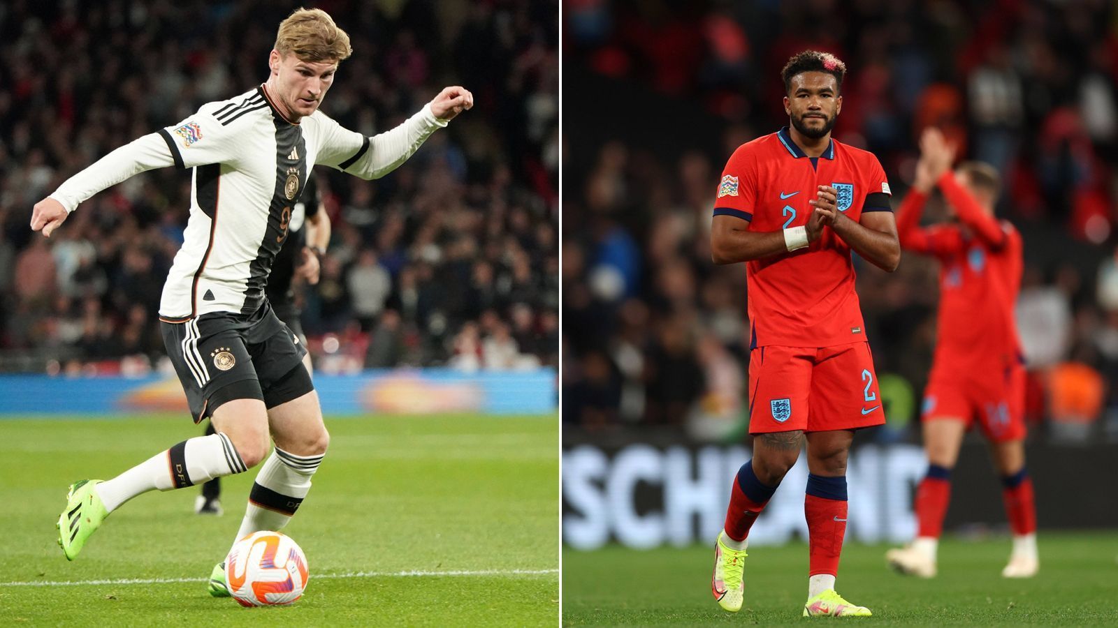 
                <strong>Bank II: Diese Stars verpassen die WM in Katar verletzungsbedingt </strong><br>
                Timo Werner (links, Deutschland/Riss der Syndesmose) und Reece James (rechts, England/Knieverletzung)
              