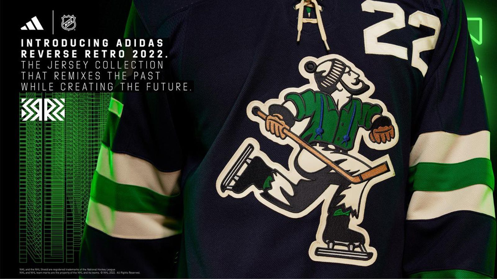 
                <strong>Vancouver Canucks</strong><br>
                Das Reverse-Retro-Trikot ist inspiriert von der Uniform der Canucks aus dem Jahr 1962 in der damaligen Western Hockey League und zeigt eine Nachbildung des Johnny-Canuck-Symbols aus den 1960er-Jahren auf dem Wappen in der Mitte. Wie beim Originaltrikot erscheinen die Spielernummern nur auf der linken Brust und der rechten Schulter.
              