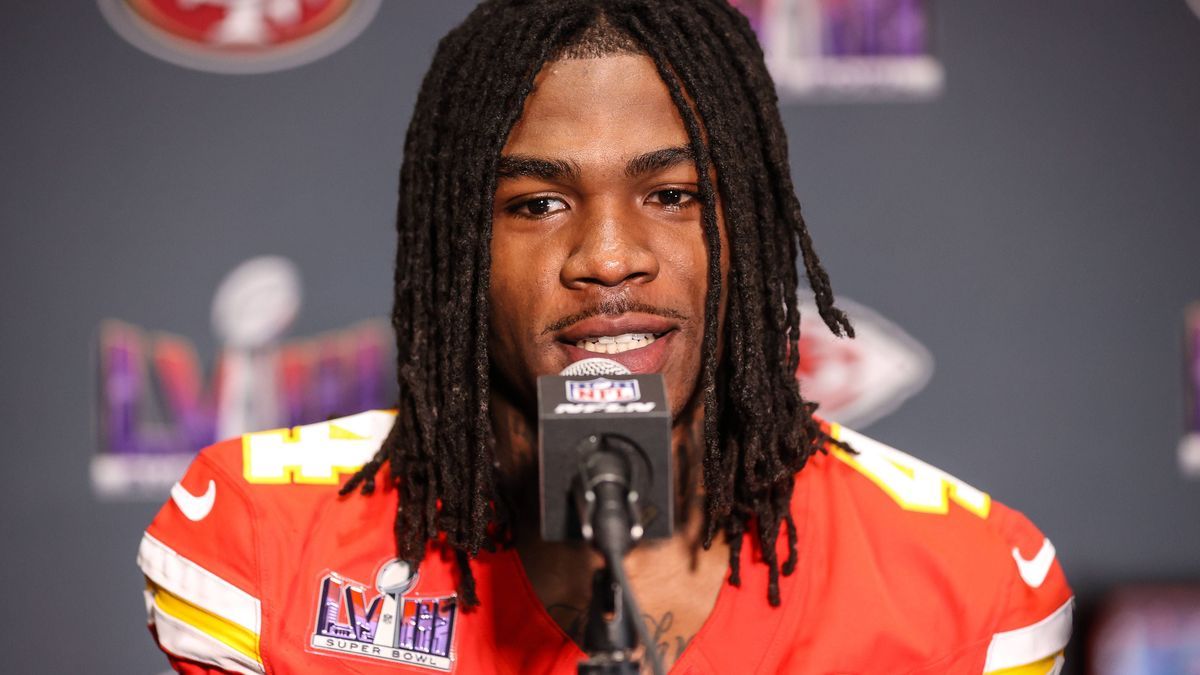 February 08, 2024: Kansas City Chiefs wide receiver Rashee Rice speaks to reporters during the Kansas City Chiefs media session at the Westin Lake Las Vegas Resort and Spa in Henderson, NV. CSM. La...