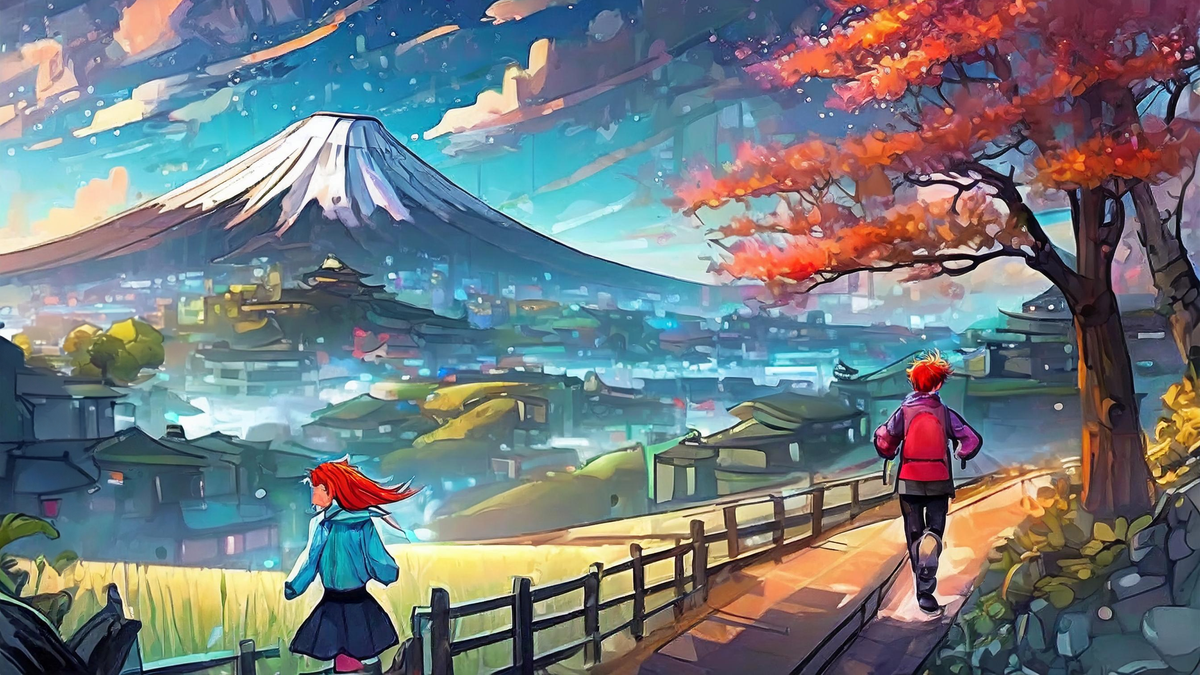 Anime-Welt in Japan mit dem Fuji im Hintergrund