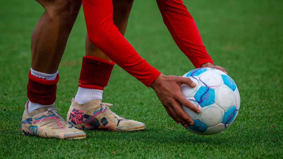 Symbolbild Fußball (Deutschland): Ein Fußballer legt sich den Spielball der Bundesliga zu einem Freistoß zurecht *** Symbolic image Football Germany A footballer positions the Bundesliga match ball...