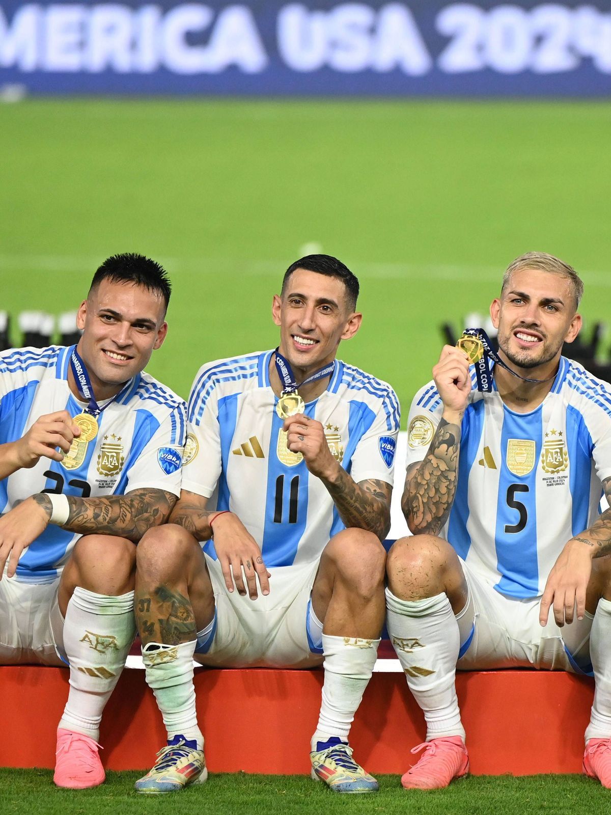 14th July 2024: Miami Gardens, Florida, USA: Copa America Finals match between Colombia and Argentina at Hard Rock Stadium in Miami Gardens, Florida, USA; Nicol& xe1;s Otamendi, Lautaro Mart& xed;n...