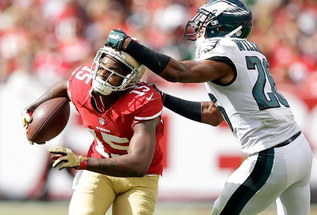 
                <strong>San Francisco 49ers - Philadelphia Eagles</strong><br>
                Ganz andere Sorgen hat Michael Crabtree von den San Francisco 49ers. Gegen die Philadelphia Eagles lässt sich der Wide Revceiver von Nichts und Niemandem aufhalten. Auch nicht von Helm-Reißer Cary Williams.
              