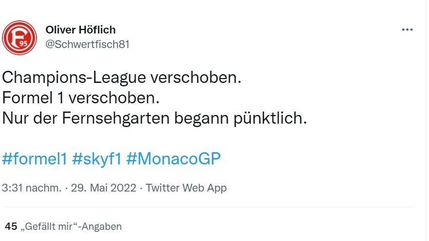 
                <strong>So reagiert das Netz auf den Monaco-GP</strong><br>
                "Schwertfisch81" freut sich, dass wenigstens der Fernsehgarten an diesem Wochenende pünktlich anfing.
              