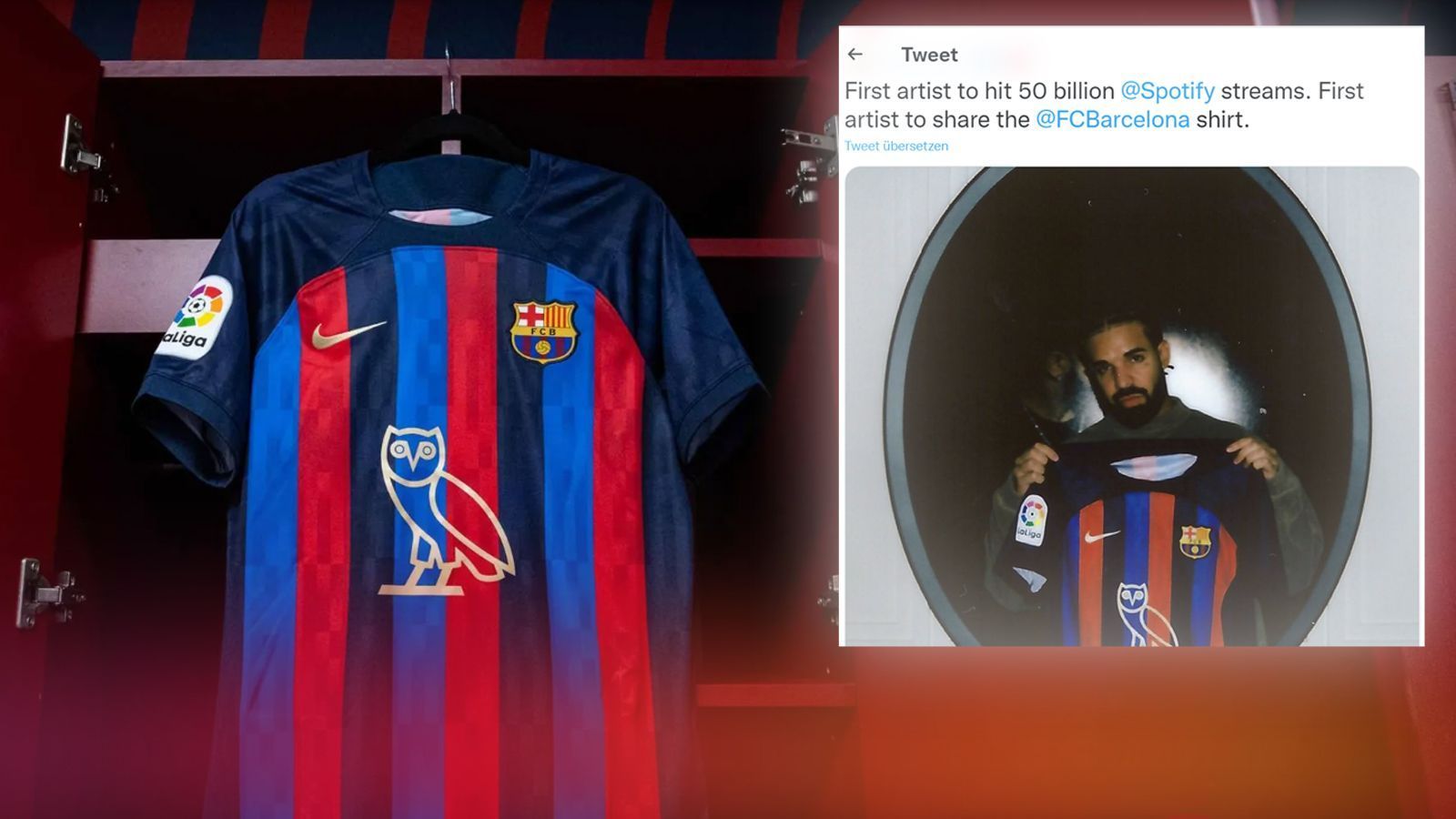 
                <strong>FC Barcelona</strong><br>
                Große Ehre für den kanadischen Rapper Drake: Der FC Barcelona läuft im "Clasico" beim Erzrivalen Real Madrid mit einer Sonderedition seines aktuellen Heimtrikots auf. Statt des Sponsors "Spotify" ziert eine große goldene Eule – das Label von Drakes Kleidermarke OVO – die Brust der Katalanen. Mit der Kollaboration würdigt Barca in Zusammenarbeit mit seinem Hauptsponsor den viermaligen Grammy-Gewinner, der als erster Musiker die Marke von 50 Milliarden Streams auf dem Streamingdienst überschritten hat, heißt es in der offiziellen Vereinsmitteilung. In Zukunft seien noch mehr Logo-Kollaborationen dieser Art geplant, so der spanische Spitzenklub.
              