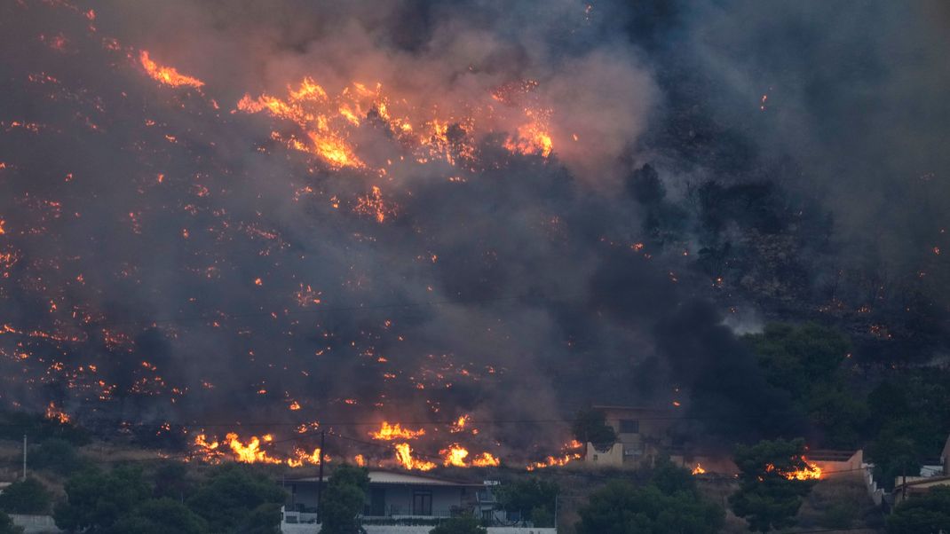 Feuer nähert sich Häusern in Kalamaki bei Agii Theodori, etwa 60 Kilometer westlich von Athen. 