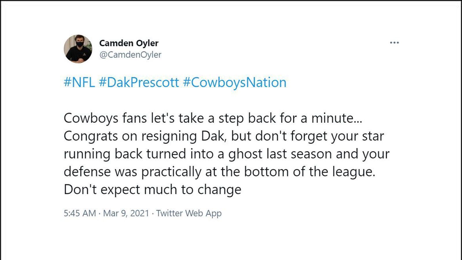 
                <strong>Die Netzreaktionen zum Prescott-Deal</strong><br>
                "CamdenOyler" will den Hype um den Deal nicht zu groß werden lassen. Schließlich haben die Cowboys noch andere Baustellen, an denen gearbeitet werden muss.
              