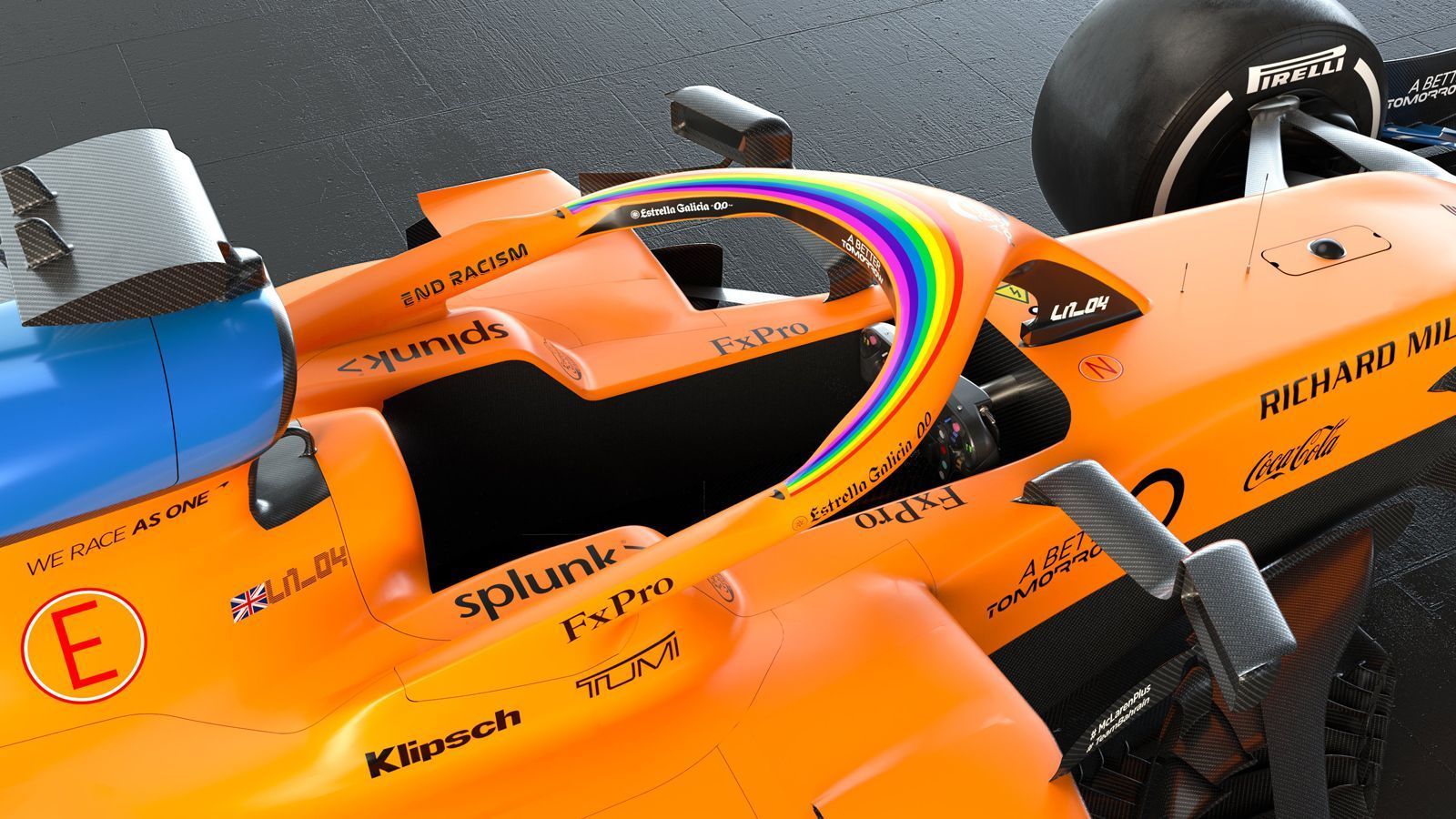
                <strong>McLaren F1 - MCL35</strong><br>
                ... ab Juli wird der Halo nun nicht nur Lando Norris und Carlos Sainz bei Unfällen schützen, sondern auch die Botschaft "End Racism" in die Welt hinaustragen. Ergänzt wird die Botschaft durch einen Regenbogen, der sich über die gesamte Länge des Halos, und somit gut sichtbar für die TV-Kameras, streckt. Nach Mercedes ist McLaren damit das zweite Team, das vor dem Restart der Formel 1-Saison in Österreich ein klares Zeichen gegen Rassismus und Diskriminierung setzt.  
              