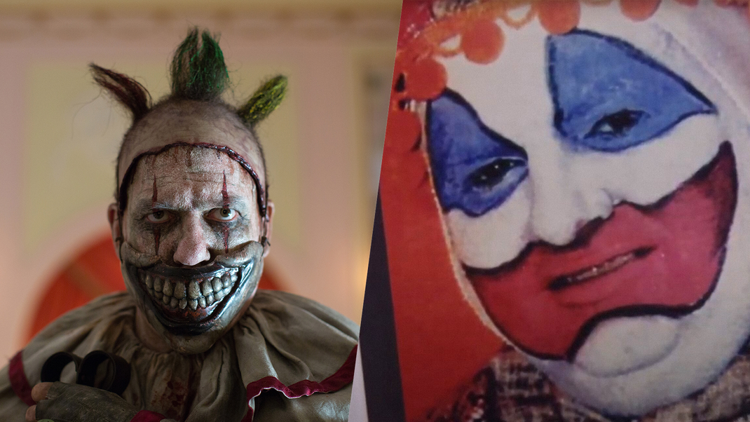 Der Killer-Clown Twisty (John Carrol Lynch, links) aus American Horror Story und die Inspiration für seine Figur: John Wayne Gacy, der echte Killer-Clown aus Chicago.