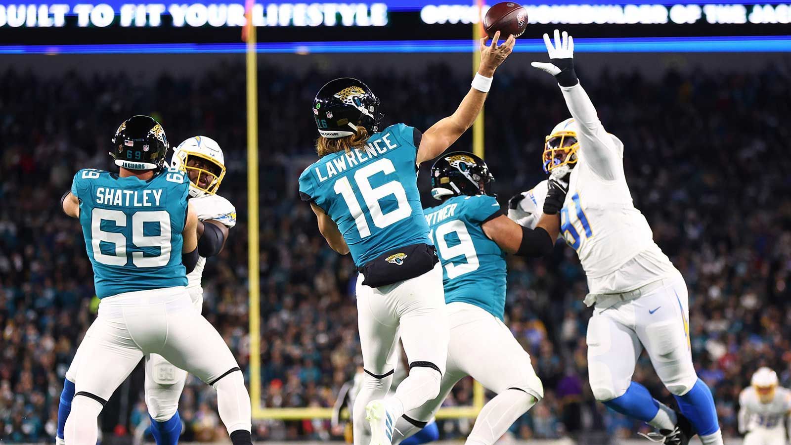 <strong>Jacksonville Jaguars</strong><br>
                • Jahre seit dem jüngsten Playoff-Sieg: 1<br>• Datum des jüngsten Playoff-Siegs: 14. Januar 2023<br>• Runde: Wild Card Round<br>• Gegner: Los Angeles Chargers (31:30)