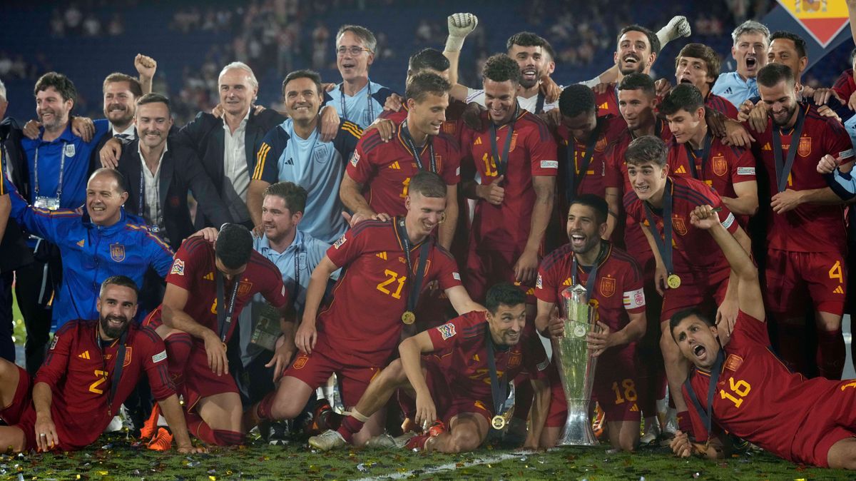 UEFA Nations League Final: Croatia vs. Spain Spain lift the Nations League trophy, as they are crowned champions after the UEFA Nations League Final match between Croatia and Spain on June 18 2023,...