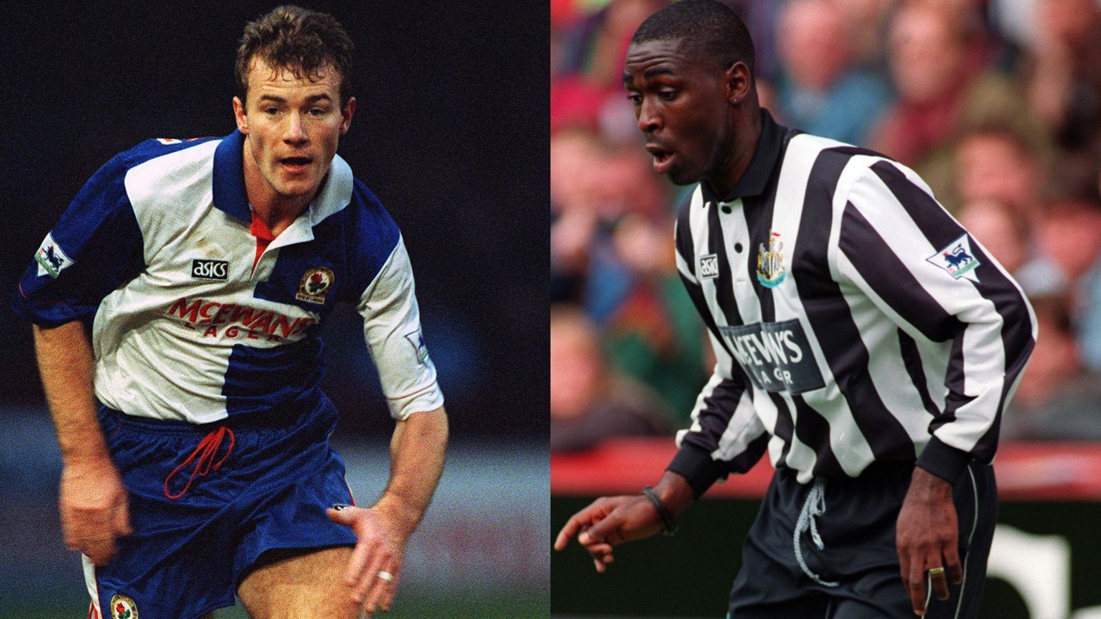 
                <strong>Premier League (England)</strong><br>
                Alan Shearer (li.) und Andy Cole (re.) erzielten in der Saison 1994/95 bzw. 1993/94 jeweils 34 Saisontore in der Premier League für die Blackburn Rovers bzw. Newcastle United. - Auf Platz 2 liegt Clive Allen mit 33 Saisontoren in der Premier League in der Spielzeit 1986/87 für Tottenham Hotspur. 
              