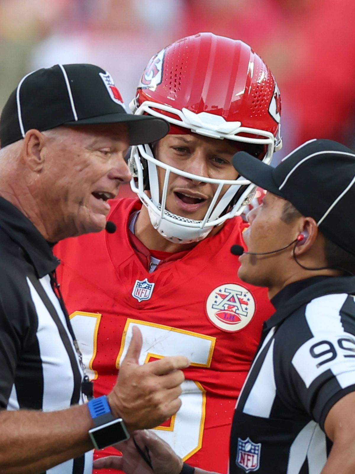 KANSAS CITY, MO - SEPTEMBER 15: Kansas City Chiefs quarterback Patrick Mahomes (15) looks in as the referees discuss a pass interference call on 4th and 16 late in the fourth quarter of an NFL, Ame...