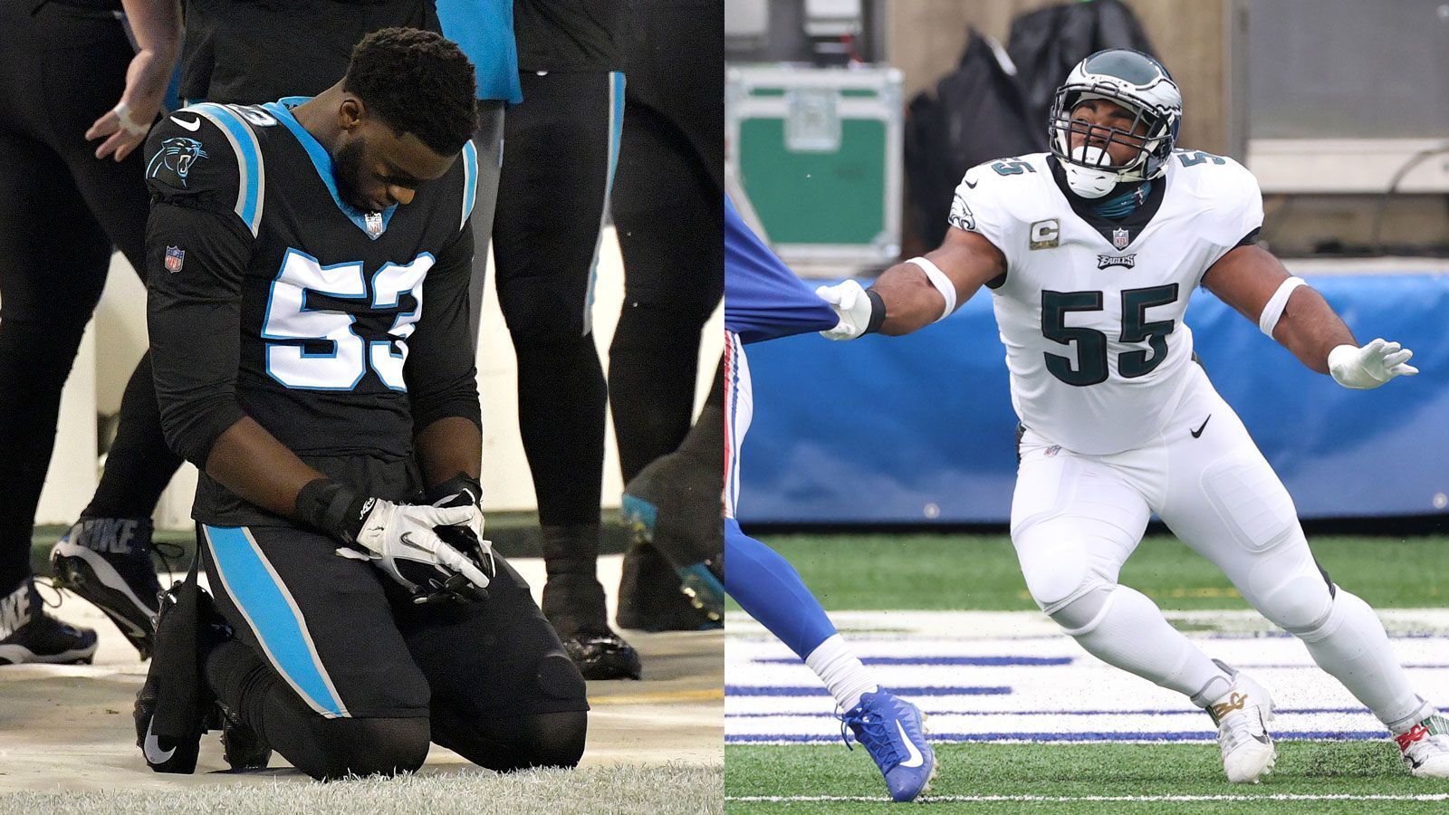 
                <strong>NFC - Defensive Ends (zwei Spieler)</strong><br>
                Brian Burns (Carolina Panthers; li.) und Brandon Graham (Philadelphia Eagles; re.) - Trotz seines vergleichsweise hohen Alters von 32 Jahren spielt Graham auch in diesem Jahr auf höchstem Niveau und kommt nach neun Spielen auf sechs Sacks und 18 Solo Tackles. Panthers-Pass-Rusher Brian Burns zählt mit vier Sacks, drei Forced Fumbles und insgesamt 36 Tackles zu den positiven Überraschungen des Jahres.
              