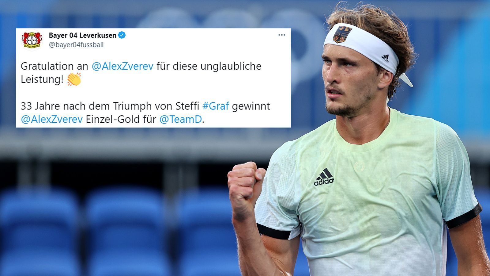 
                <strong>Bayer Leverkusen</strong><br>
                Neben den Bayern gratulierte auch Bundesliga-Konkurrent Bayer Leverkusen dem frischgebackenen Olympiasieger Alexander Zverev nur wenige Minuten nach dem verwandelten Matchball gegen den Russen Karen Khachanov. 
              