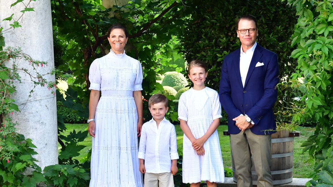 Crown Princess Victoria, Prins Oscar, Princess Estelle,and Prins Daniel during Crown Princess Victoria's birthday celebrations at Solliden Palace in Borgholm, Sweden