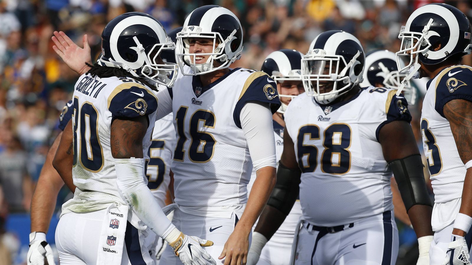 
                <strong>Los Angeles Rams (7 Spieler)</strong><br>
                6 Todd Gurley (RB), 7 Aaron Donald (DT), 38 Jared Goff (QB), 53 Aqib Talib (CB), 61 Ndamukong Suh (DT), 79 Marcus Peters (CB), 87 Andrew Whitworth (OT)
              