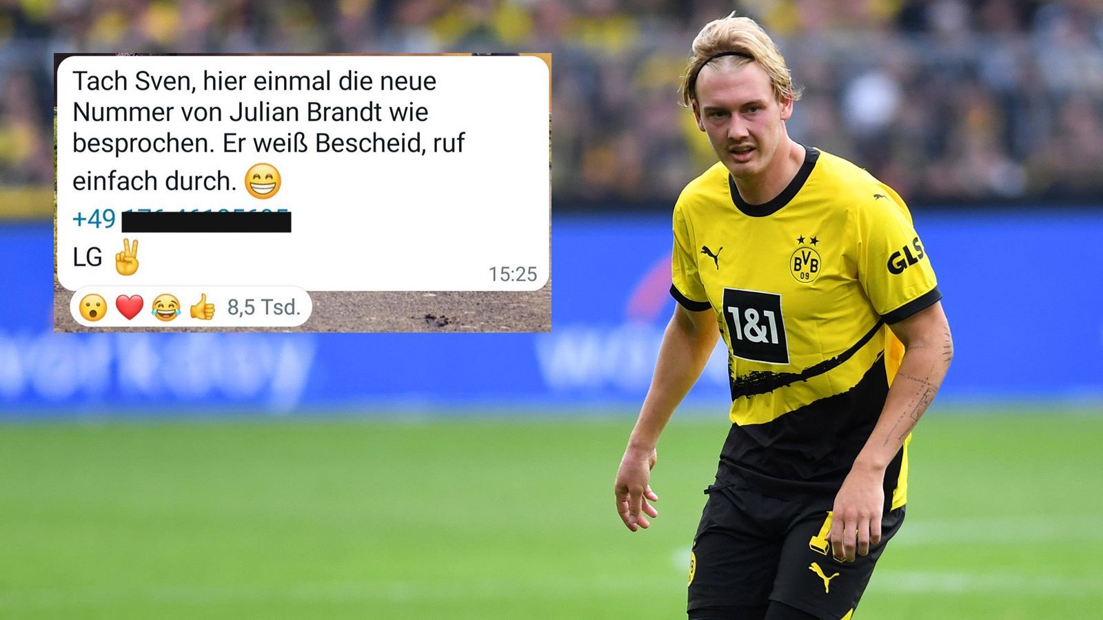 <strong>BVB leakt Handy-Nummer von Julian Brandt</strong><br>Dem neuen Whatsapp-Kanal von Borussia Dortmund folgen 3,3 Millionen Menschen. Nun ist dem BVB offenbar ein Fauxpas unterlaufen, der besonders für Julian Brandt ärgerlich ist. Eine Nachricht mit Brandts Telefonnummer an einen gewissen Sven, die von einem BVB-Mitarbeiter vermutlich privat verschickt werden sollte, landete bei allen Followern des Kanals ...