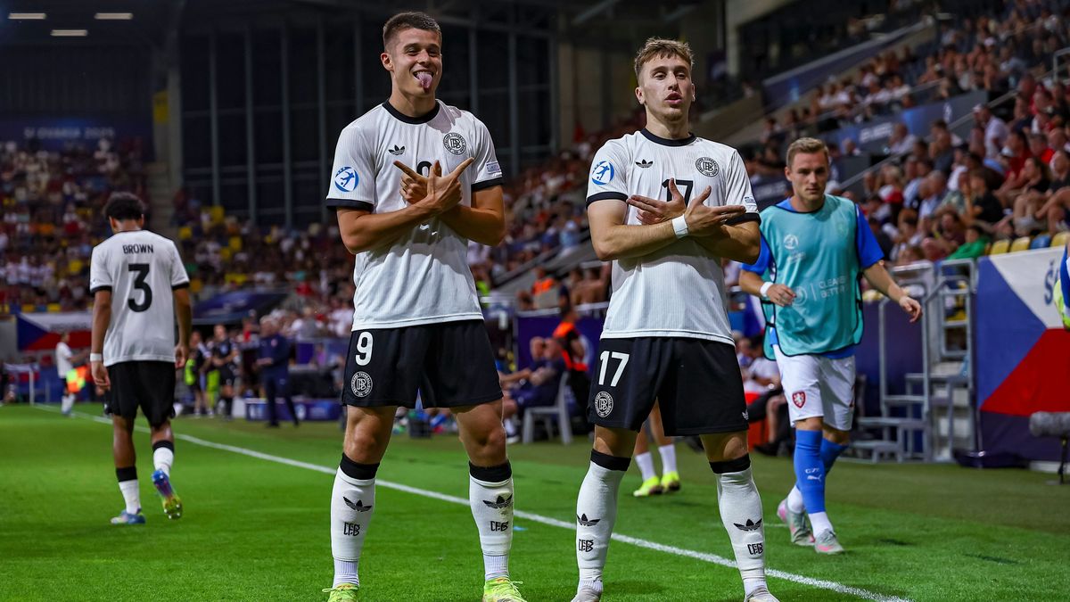 Nicolo Tresoldi (Germany U21, U 21 Brajan Gruda (Germany U21) celebrates after scoring his teams first goal during the UEFA Under 21 Slovakia 2025 match between Czech Republic U21 2-4 Germany U21 a...
