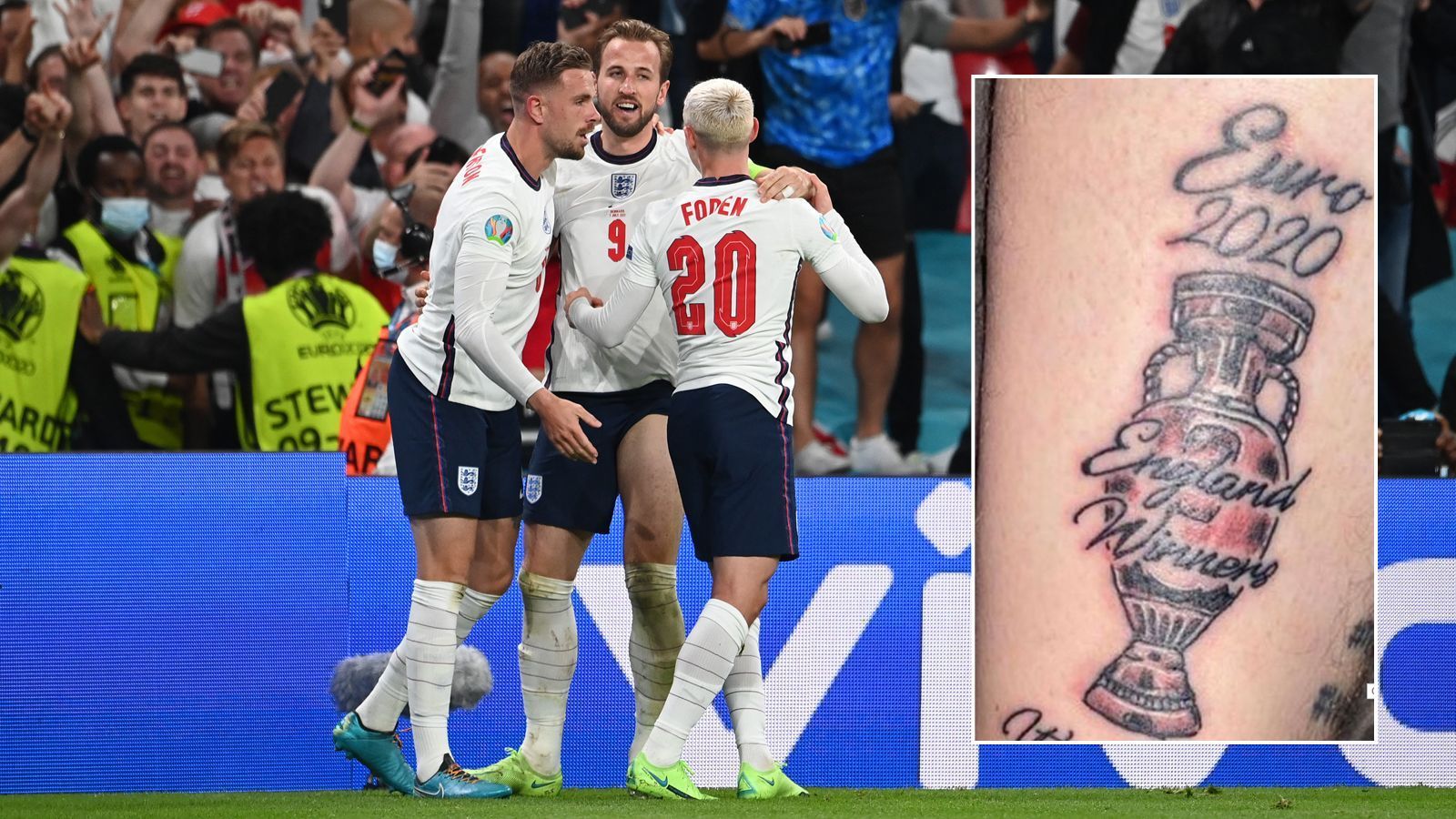 
                <strong>Vor EM-Finale: England-Fan lässt sich Sieges-Tattoo stechen</strong><br>
                Der englische Fan Lewis Holden ist vor dem EM-Finale zwischen den "Three Lions" gegen Italien ganz schön siegessicher. Er hat sich nämlich schon mal die Trophäe für den EM-Titel auf das rechte Schienbein stechen lassen, ebenso den Schriftzug "It's coming home". Sollten die Engländer wirklich den Titel holen, will Holden sogar noch einen Schritt weiter gehen. "Dann mache ich mir vielleicht dieselbe Frisur wie Phil Foden", kündigte Holden in der Zeitung Manchester Evening News an.
              