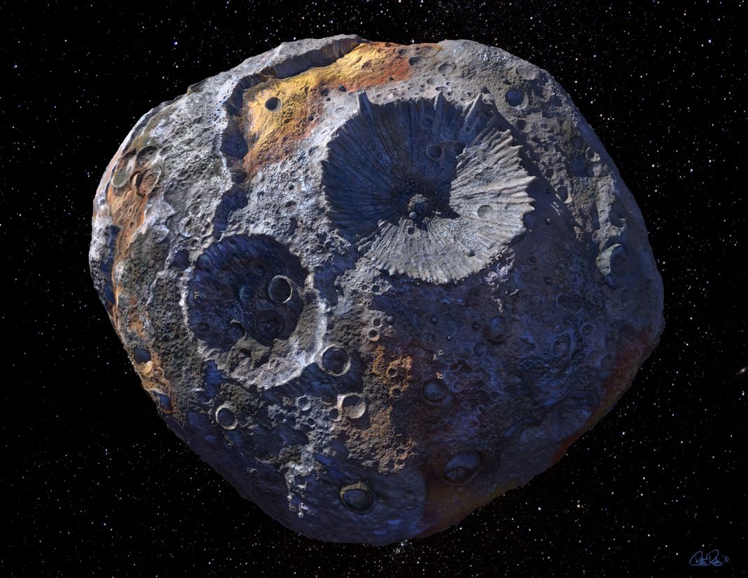 Welt aus Metall: der Asteroid Psyche in künstlerischer Darstellung.