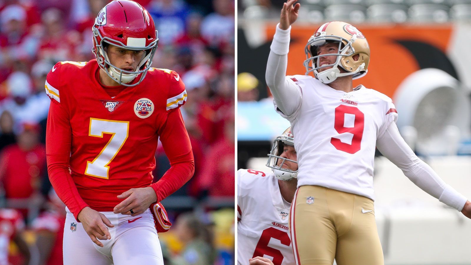 
                <strong>Special Teams im Head-to-Head-Vergleich</strong><br>
                Das Duell der Kicker entscheidet Harrison Butker (l.) von den Chiefs für sich. Mit 34 verwandelten Field Goals setzte er in der Regular Season die Bestmarke - bei 38 Versuchen. Sein 49ers-Pendant Robbie Gould (r.) fiel da mit 23 von 31 erfolgreichen Versuchen deutlich ab, führt aber mit fünf makellosen Field-Goal-Versuchen in den Playoffs die Statistik an. Bei den PATs präsentiert sich Gould mit 48 von 49 sicherer als Butker (56 von 60). Auch bei den Returns war KC erfolgreicher: Mecole Hardman legte in Regular Season und den Playoffs mehr Yards pro Kickoff Return zurück als Richie James, erzielte zudem auf diesem Weg einen Touchdown. Lediglich bei den Punt Returns in der Postseason übertrumpft der 49ers-Profi den Rookie von KC in Sachen Yards pro Versuch. Auch hier setzen sich die Chiefs durch und gewinnen damit den Head-to-Head-Vergleich knapp mit 6:5.
              