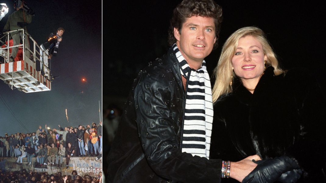 Hasselhoff singt 1989 vor den Resten der Berliner Mauer seinen Hit "Looking for Freedom" (l.). Begleitet wird er von seiner damaligen Frau Pamela Bach (r.).