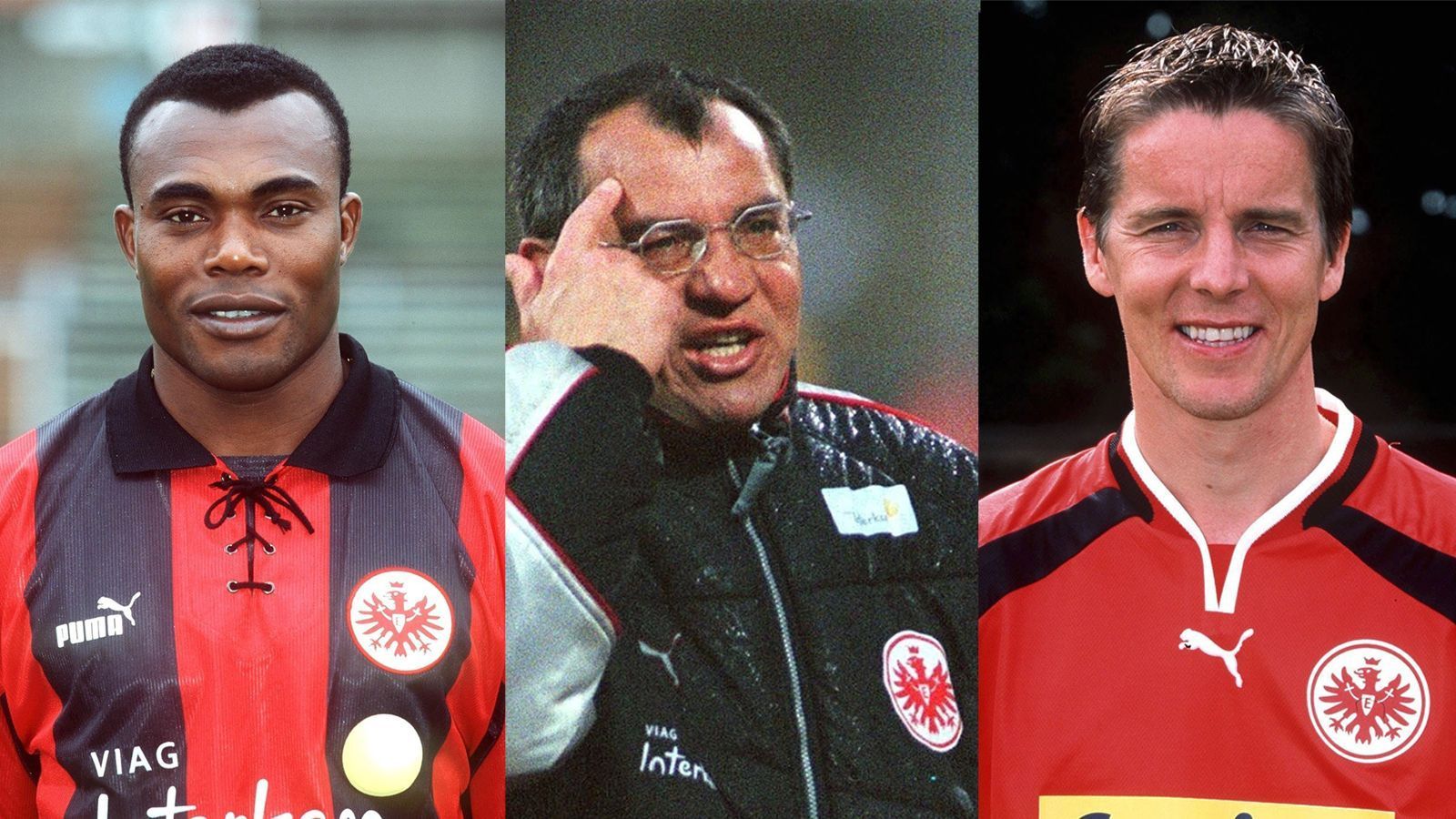 
                <strong>Magath und die SGE</strong><br>
                Vor allem dank Stürmer Jan-Aage Fjörtoft (rechts) konnte Eintracht Frankfurt 1999 die Klasse halten. Zur Saison 99/00 hieß sein Coach Felix Magath, der die SGE auf dem 18. Tabellenplatz übernahm und durch eine furiose Rückrunde (drittbestes Team) zum Klassenerhalt (14. Platz) führte. Über Magath sagte Fjörtoft rückblickend: "Ich weiß nicht, ob Felix Magath die Titanic gerettet hätte, aber wenigstens wären alle Überlebenden topfit gewesen."Bachirou Salou (links) kam 1999 für sieben Millionen Euro von Borussia Dortmund und konnte nie wirklich überzeugen. Die Schuld gibt er auch Magath: "Ich wurde vom Trainer gedemütigt. Auch nach Verletzungen musste ich laufen, laufen, laufen. Es wurde nicht mehr gelacht, jeder Spieler musste aufpassen, was er sagt. Bei Magath habe ich den Spaß am Fußball verloren."
              